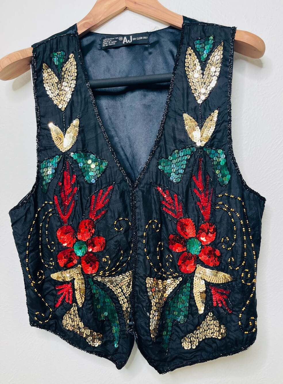 AJ Vintage Embellished Sequin Floral Silk Blend Vest